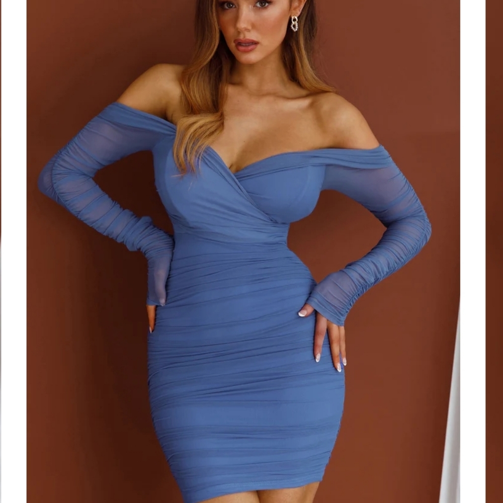 New! Off shoulder long sleeve mesh mini dress